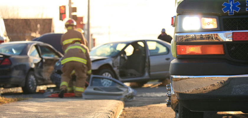 car accident scene on street corner in downtown St. Louis, Missouri