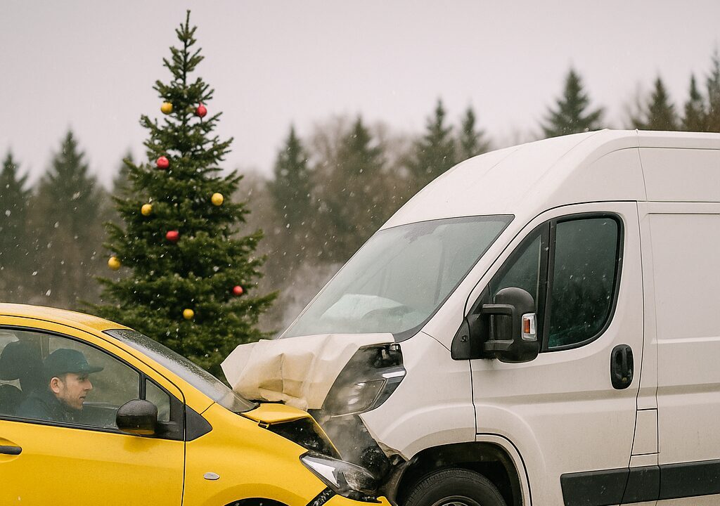 Photograph of a car accident involving a delivery van and a passenger vehicle during the holiday season
