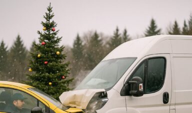 Photograph of a car accident involving a delivery van and a passenger vehicle during the holiday season