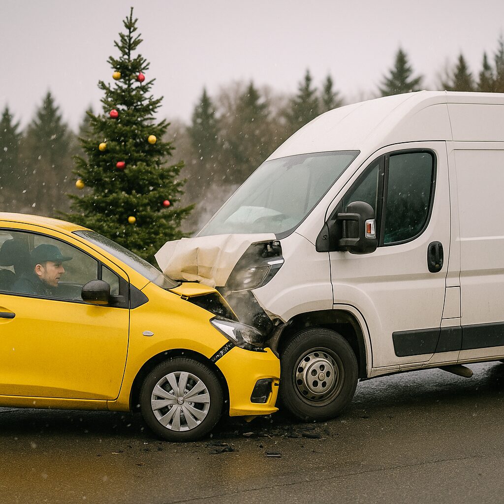 Photograph of a car accident involving a delivery van and a passenger vehicle during the holiday season
