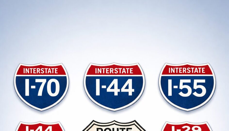 Graphic showing Missouri interstate and U.S. highway shields, including I-70, I-44, I-55, I-29, I-35, Route 66, and major U.S. routes, on a light gradient background.